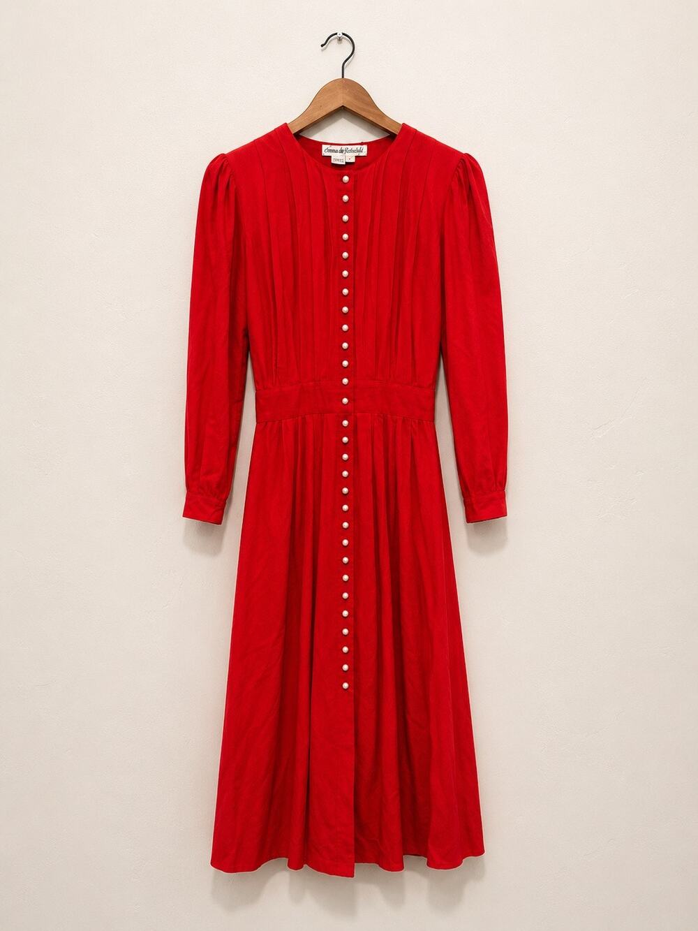 Vintage Marie St Claire Red Midi Dress Pearl Buttons Long Sleeve Cottagecore S 8